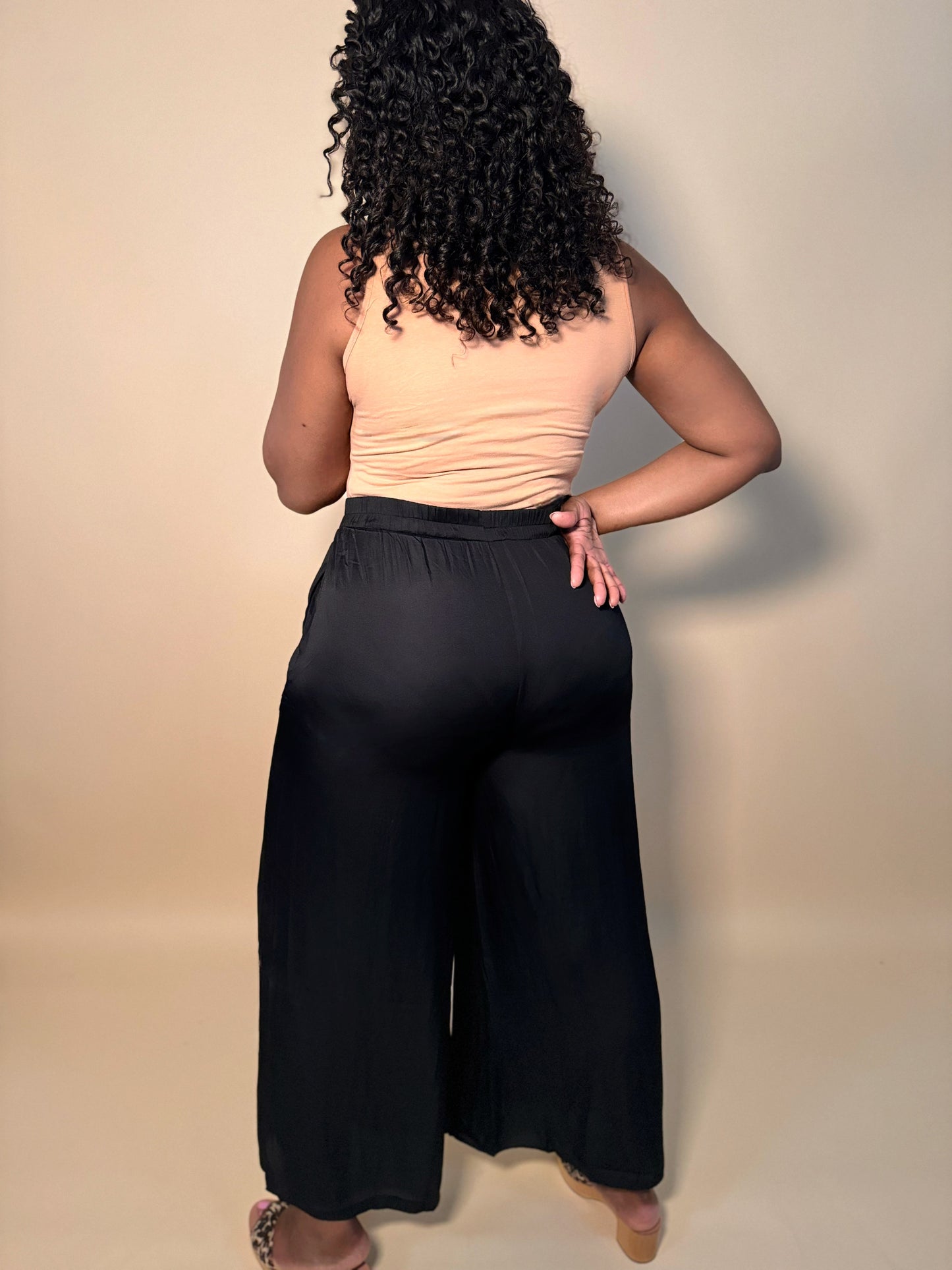 Light_weight_Satin_pants_in_black Back View Women’s casual pants Comfortable women’s pants