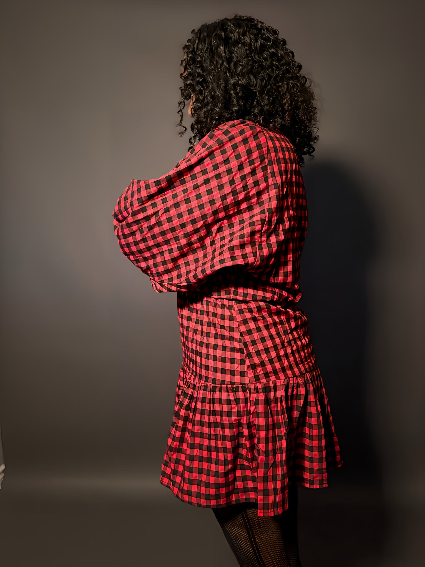 red black Gingham dress elastic waist button down collared collar flowy a line womens ladies clothing