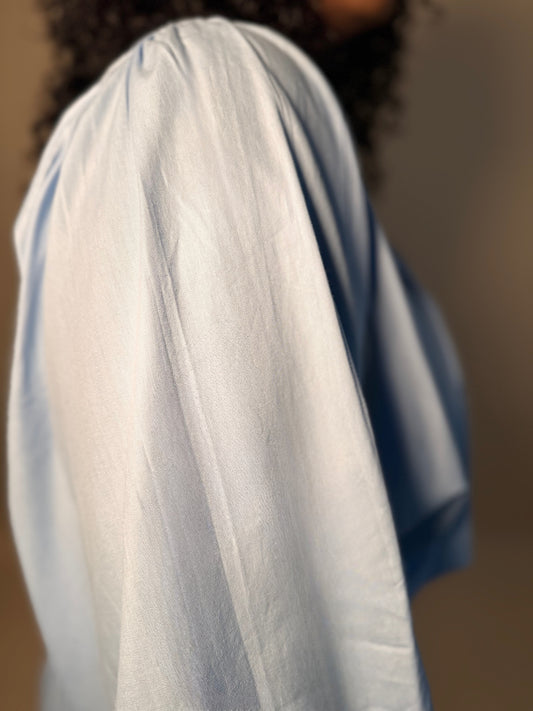 Rocky Ella Cotton Mini Dress Side Detail View blue cotton dress elastic waist button down collared collar flowy a line womens ladies clothing women's work clothes
