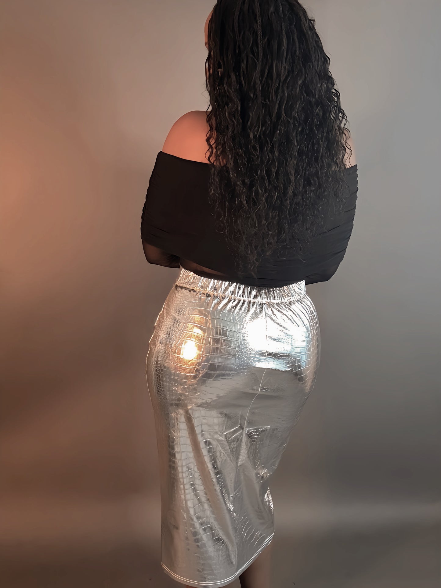 Women’s clothes, female, silver, metallic skirt, midi length, pencil, bodycon