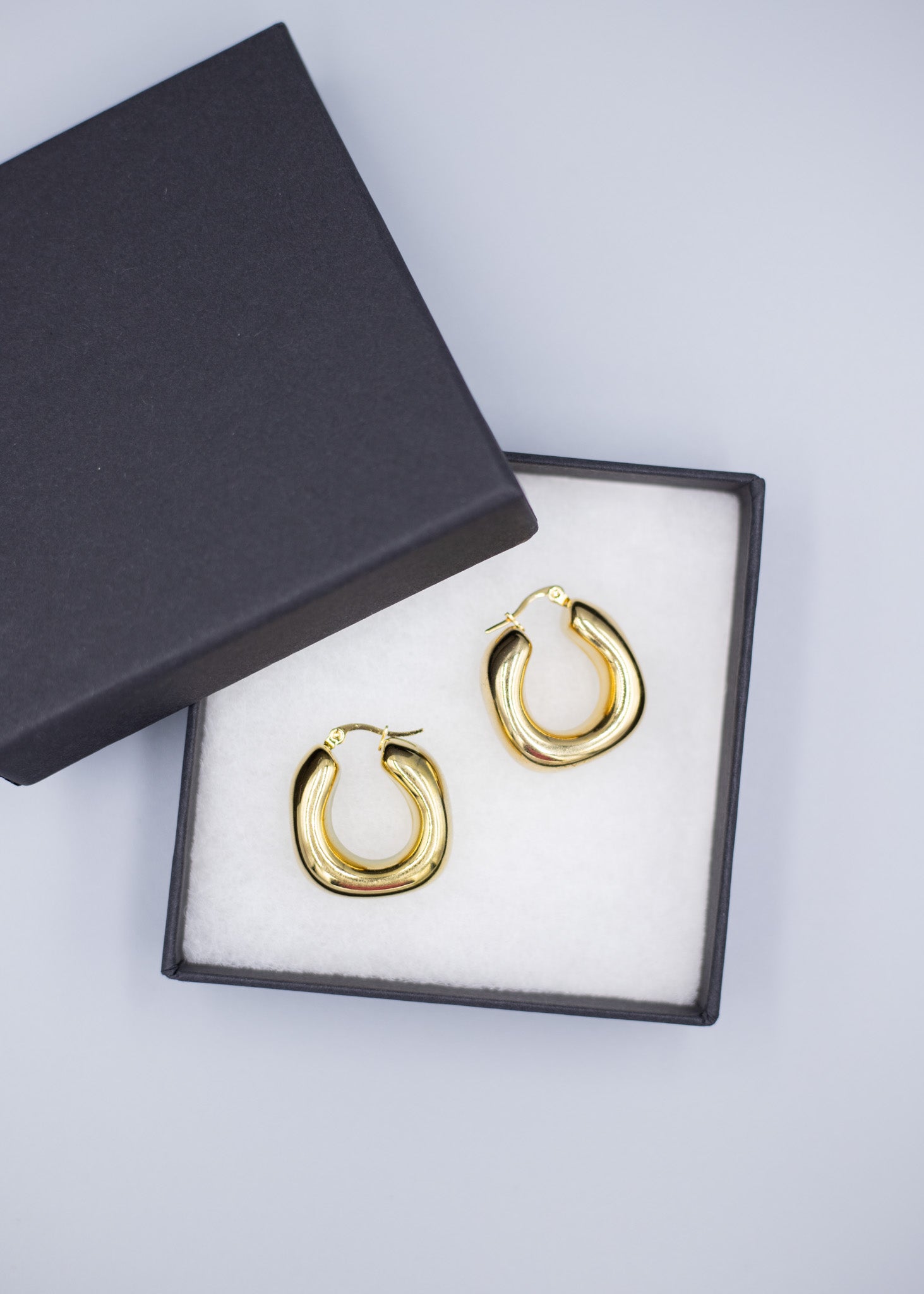 Bird’s-eye view of 18k gold plated horseshoe hoof earrings hoop earrings in a jewelry box on a light gray background