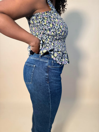High Rise Crop Regular Straight Denim Jeans Side View Detail denim jeans womens clothing crop cropped dark jean High rise jeans Crop jeans straight leg jeans