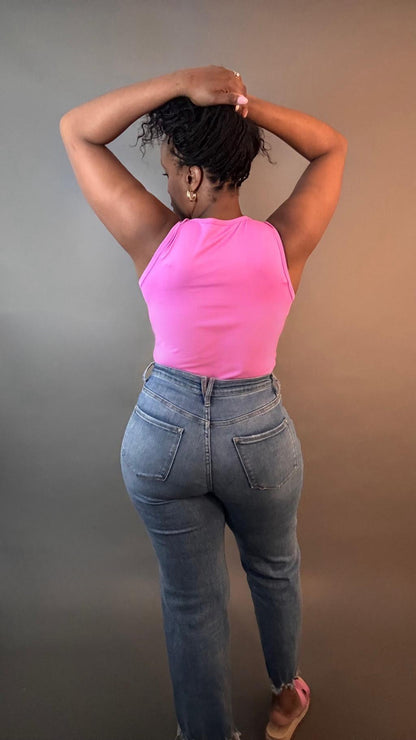 Boat Neck Sleeveless Bodysuit Bright Pink