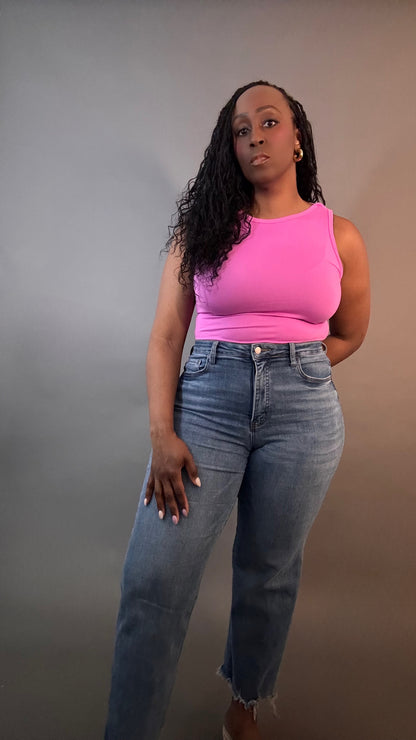 Boat Neck Sleeveless Bodysuit Bright Pink