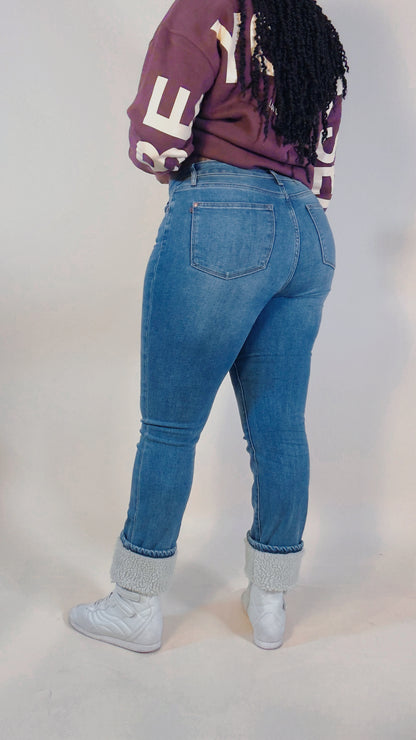 High Waisted Shearling Cuff Straight