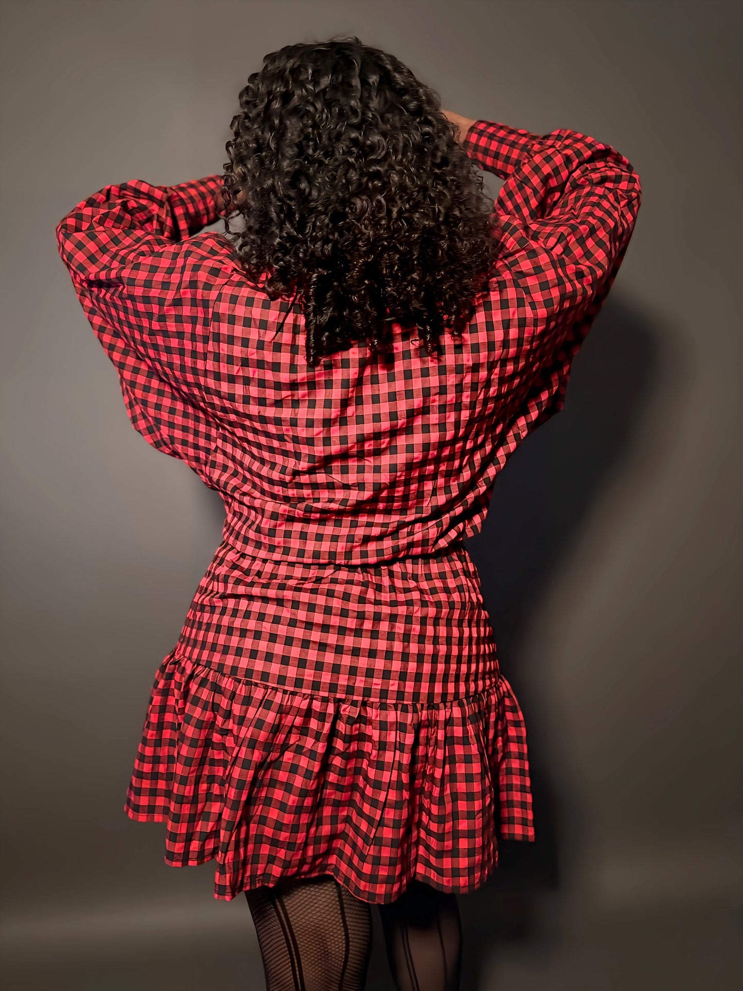 red black Gingham dress elastic waist button down collared collar flowy a line womens ladies clothing