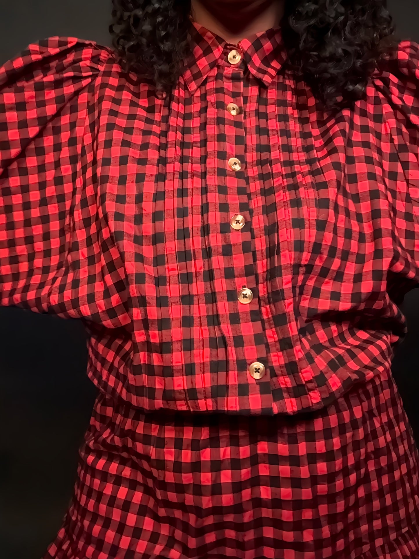 red black Gingham dress elastic waist button down collared collar flowy a line womens ladies clothing