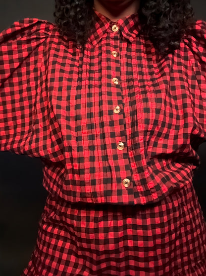 red black Gingham dress elastic waist button down collared collar flowy a line womens ladies clothing