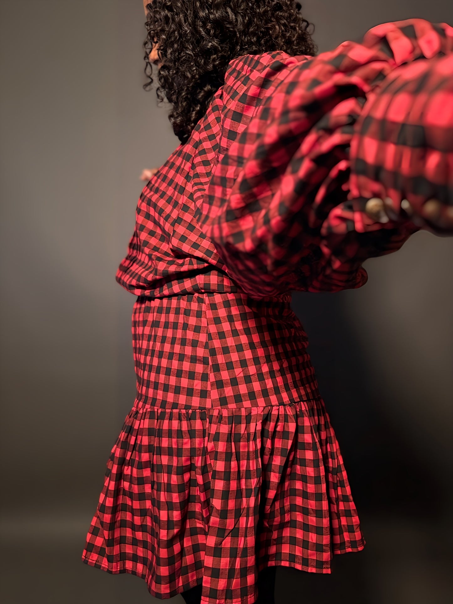 red black Gingham dress elastic waist button down collared collar flowy a line womens ladies clothing