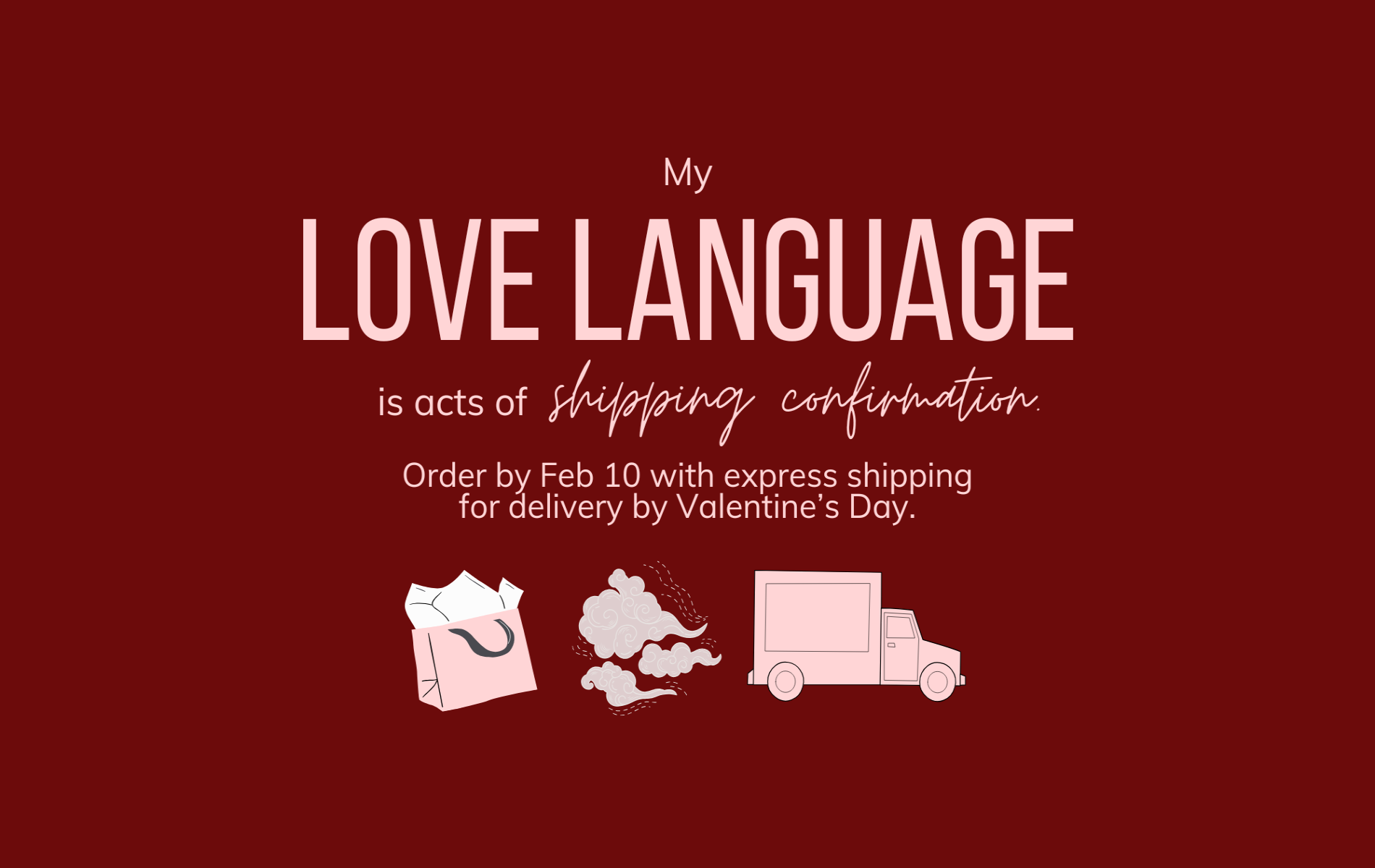Promotional text about shipping confirmation for Valentine's Day on a red background with icons.