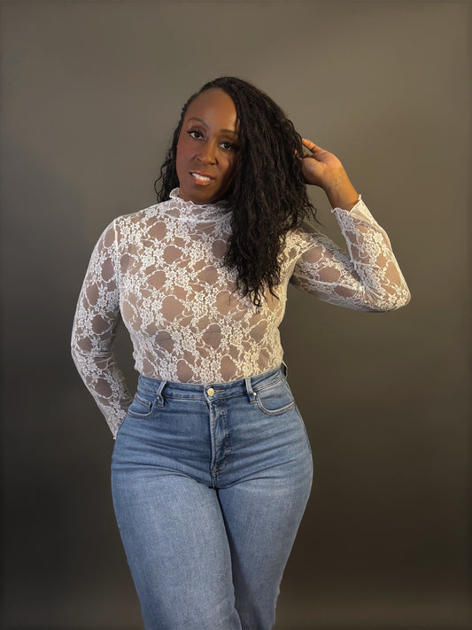 Front view of women's elevated casual white lace long sleeve mock neck sheer top with delicate lace details, offering a chic and feminine silhouette perfect for versatile styling.