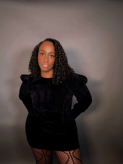 Front view of women's elevated casual black long sleeve corduroy velvet mini dress with pleated puff sleeve shoulders, showcasing its chic design, soft texture, and timeless style for going out outfits or a winter party.