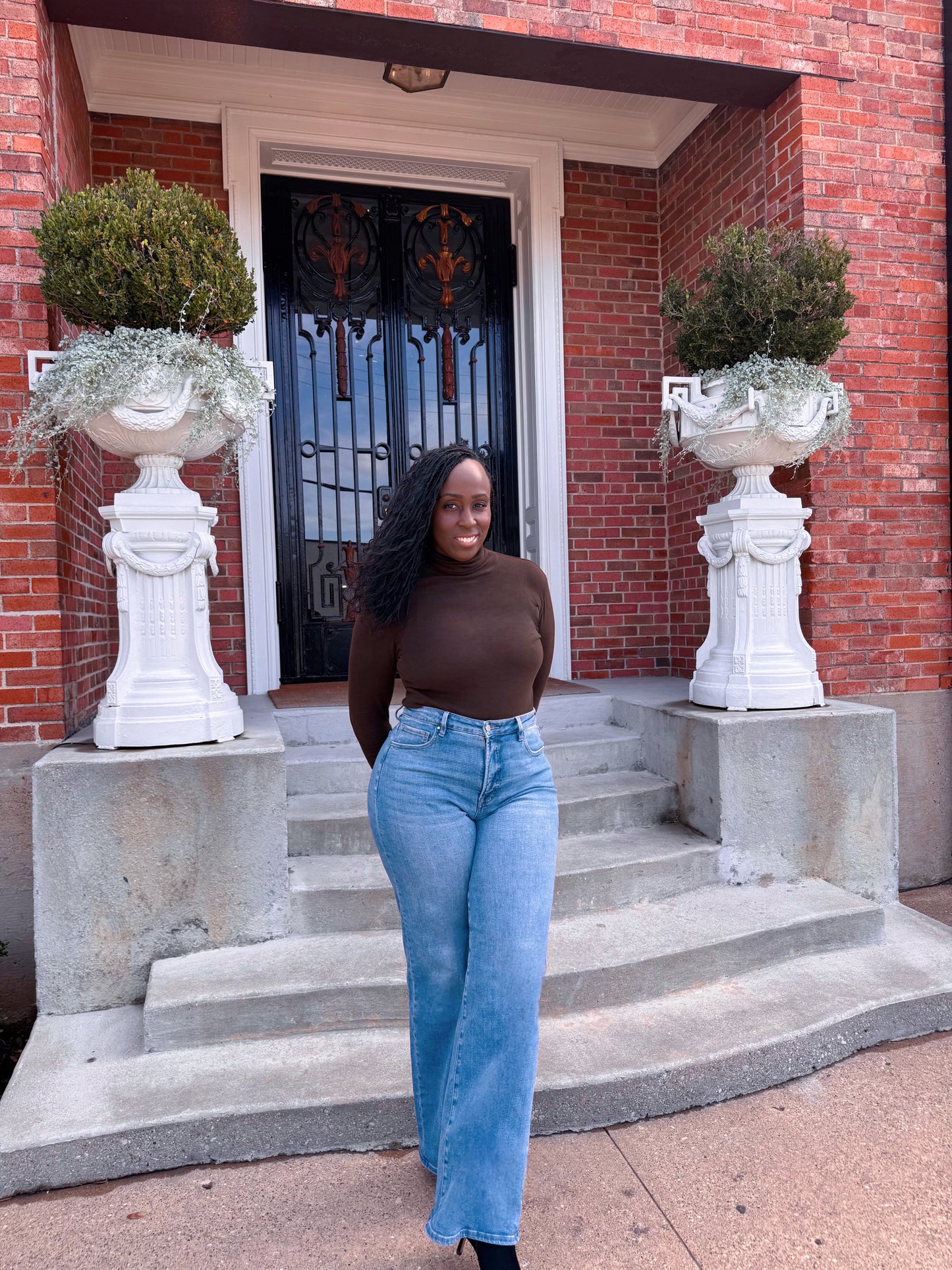 Front view of high-rise straight tummy control jeans for tall women, featuring a flattering high-waisted design in premium denim.